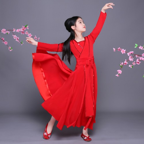 kids Hanfu chinese folk dance costumes red colored girls children kids fairy princess tang dynasty anime drama cosplay dress robes